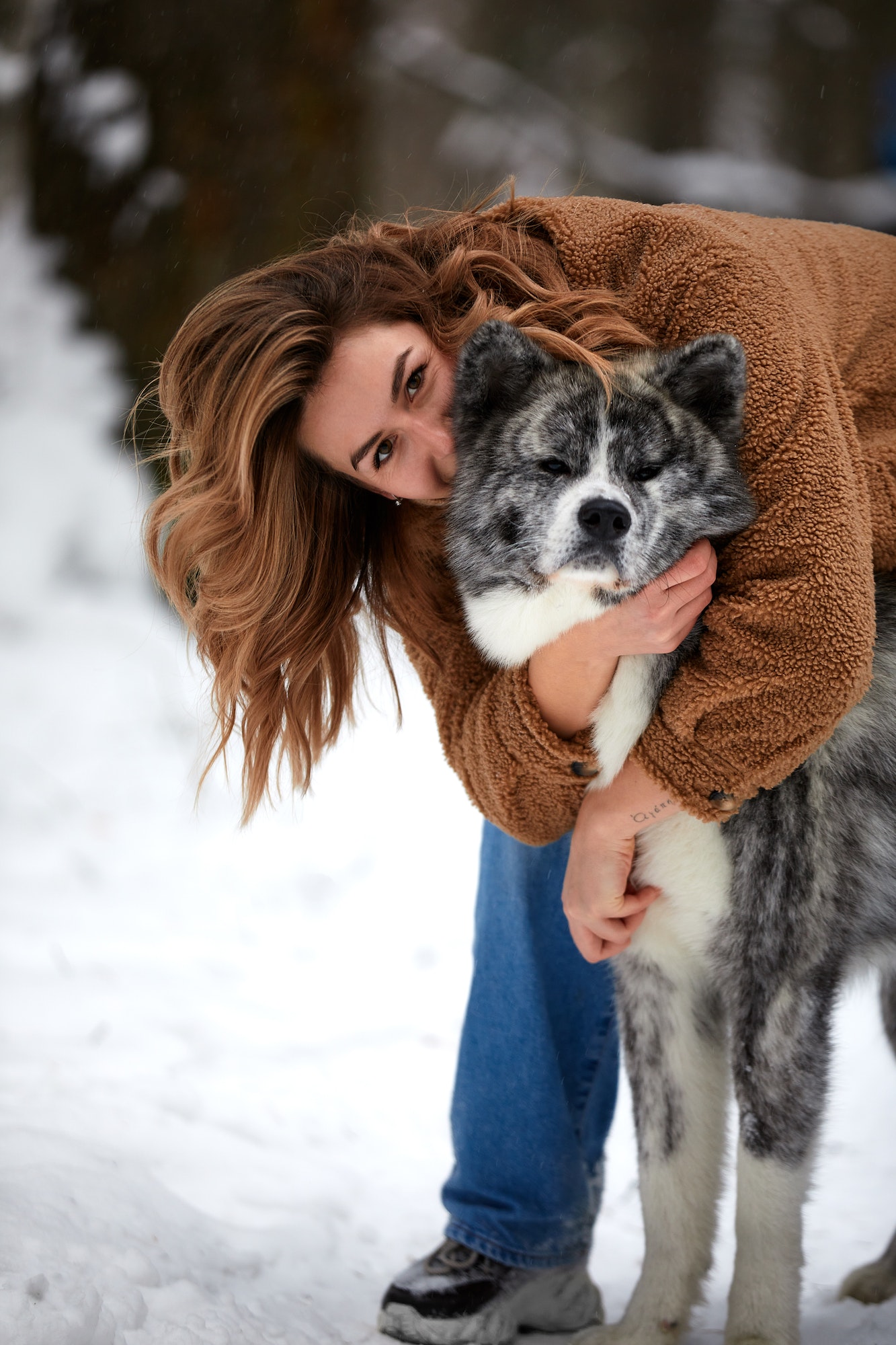 Love to the animals. Young woman playing in the snow with a husky dog. Pet lover. Dog - human s